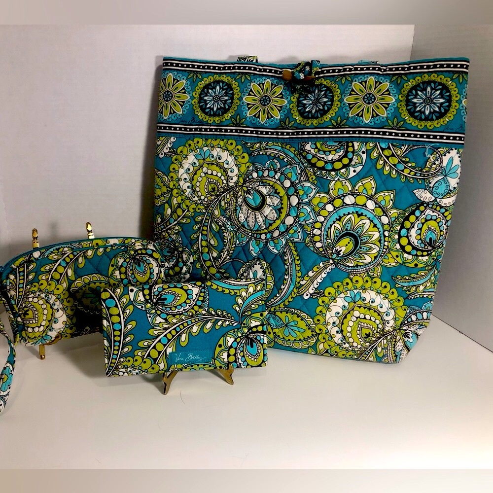 3 Retired Vera Bradley Peacock Pattern - Tote, Wristlet Purse and Checkbook Case